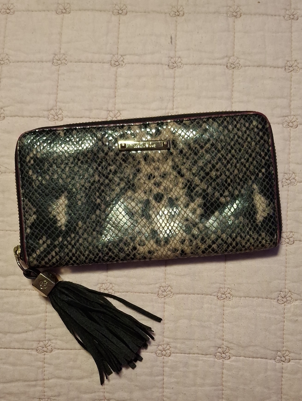Stella & Dot Black and Cream Snakeskin Zip Wallet with Tassel Accent